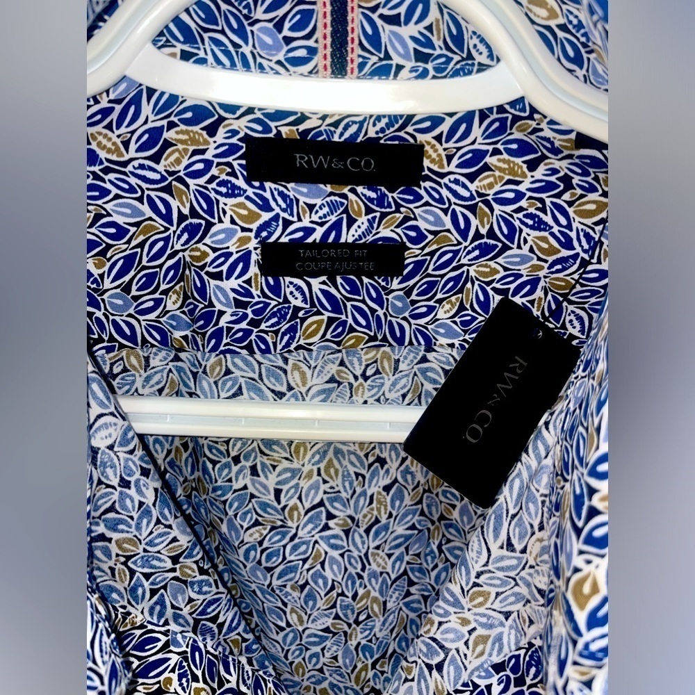 (NWT) RW & CO Slim-Tailored Fit Dress Shirt With Blue Floral Pattern, Size Large